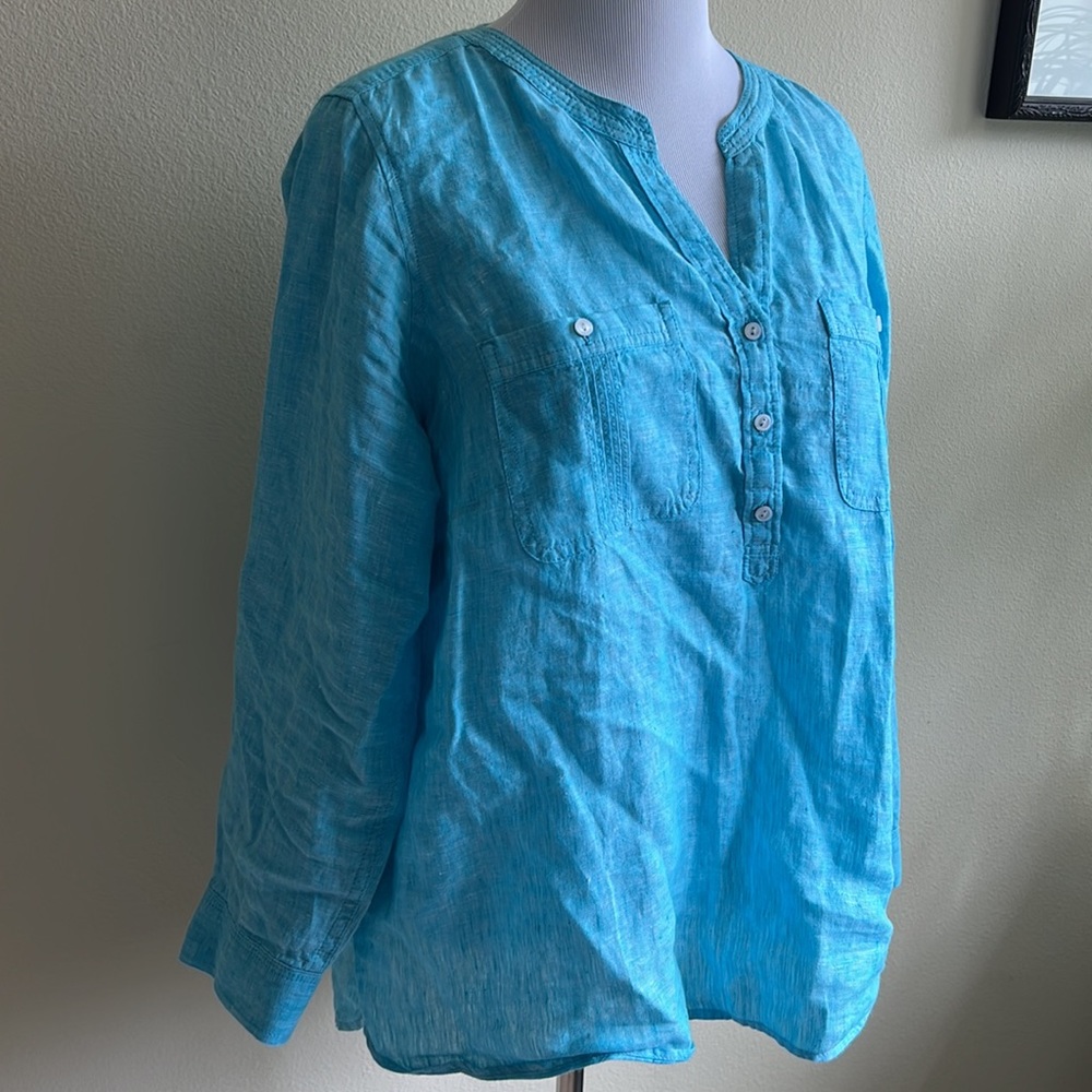 ❤️2X Talbot's turquoise 100% linen long sleeve shirt